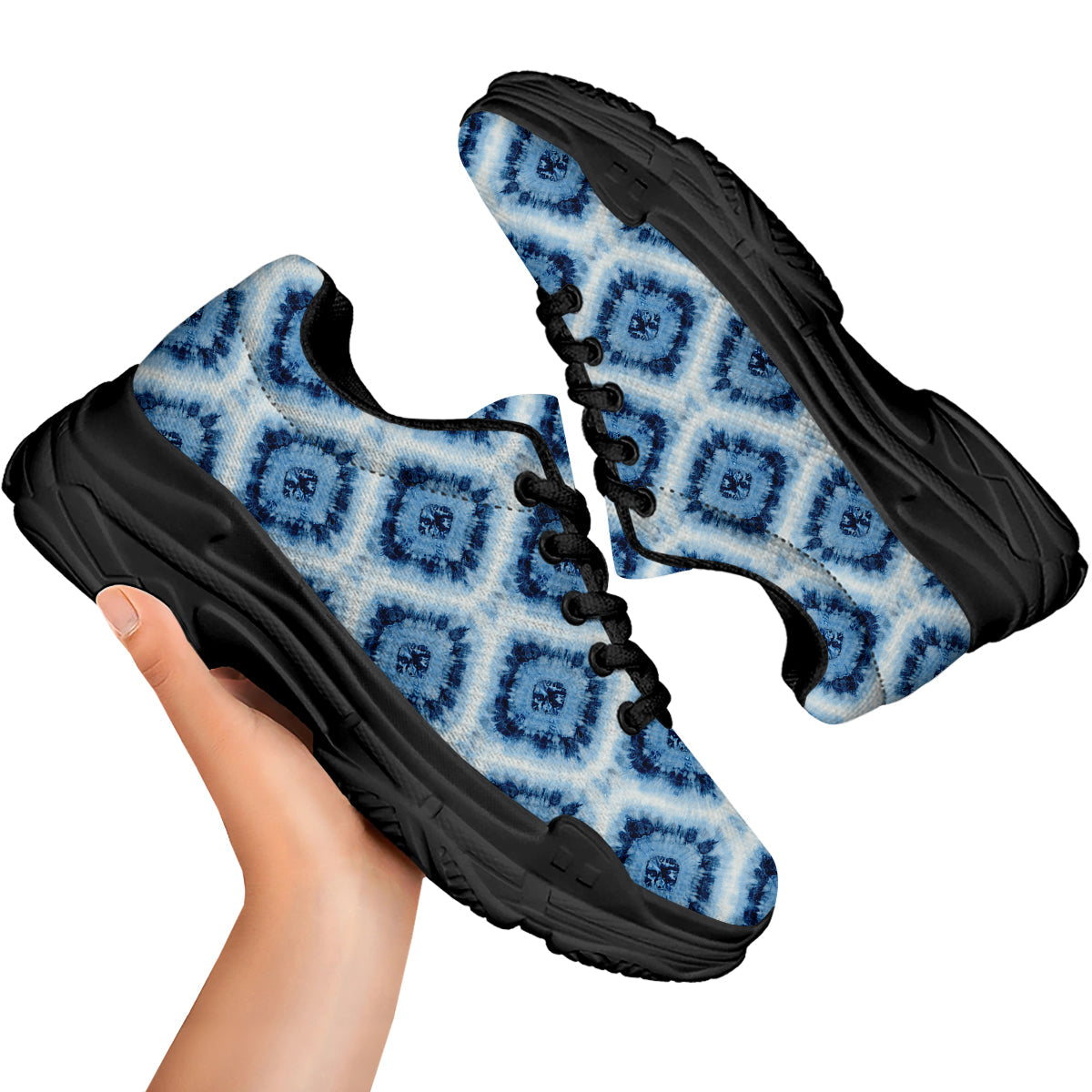 Tie Dye Indigo Color Blue Print Black Chunky Shoes-grizzshop
