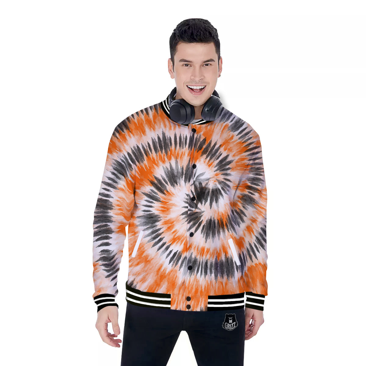 Tie Dye Orange Black Watercolor Print Baseball Jacket-grizzshop