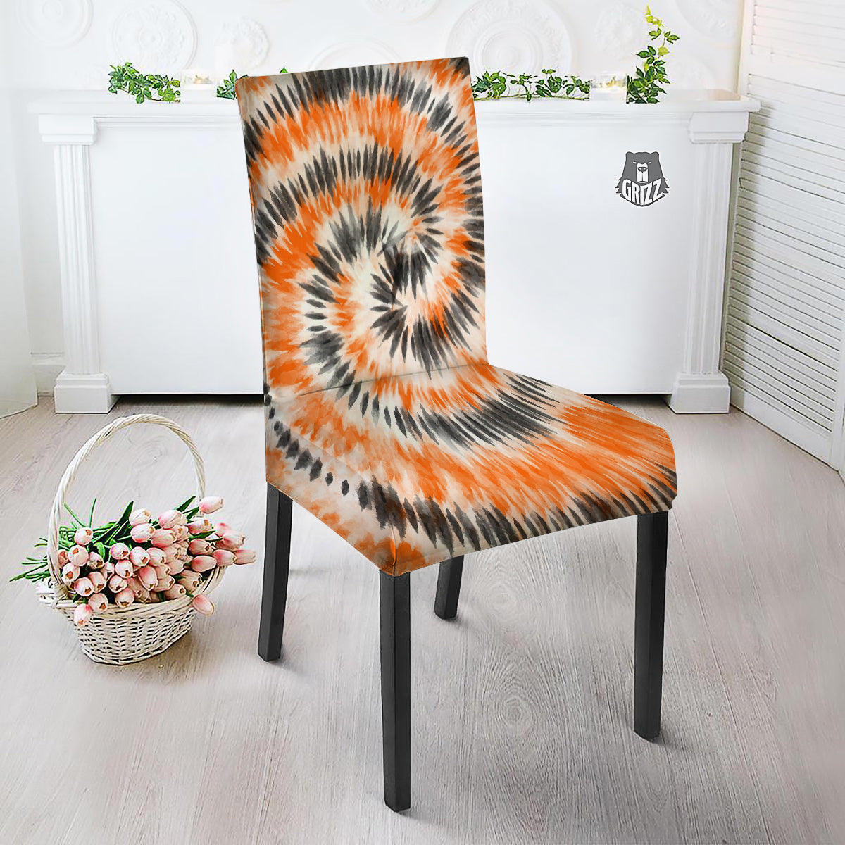 Tie Dye Orange Black Watercolor Print Dining Chair Slipcover-grizzshop