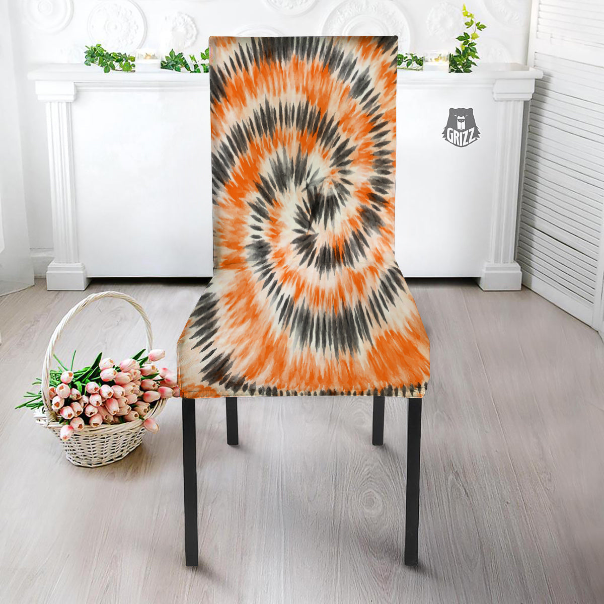 Tie Dye Orange Black Watercolor Print Dining Chair Slipcover-grizzshop