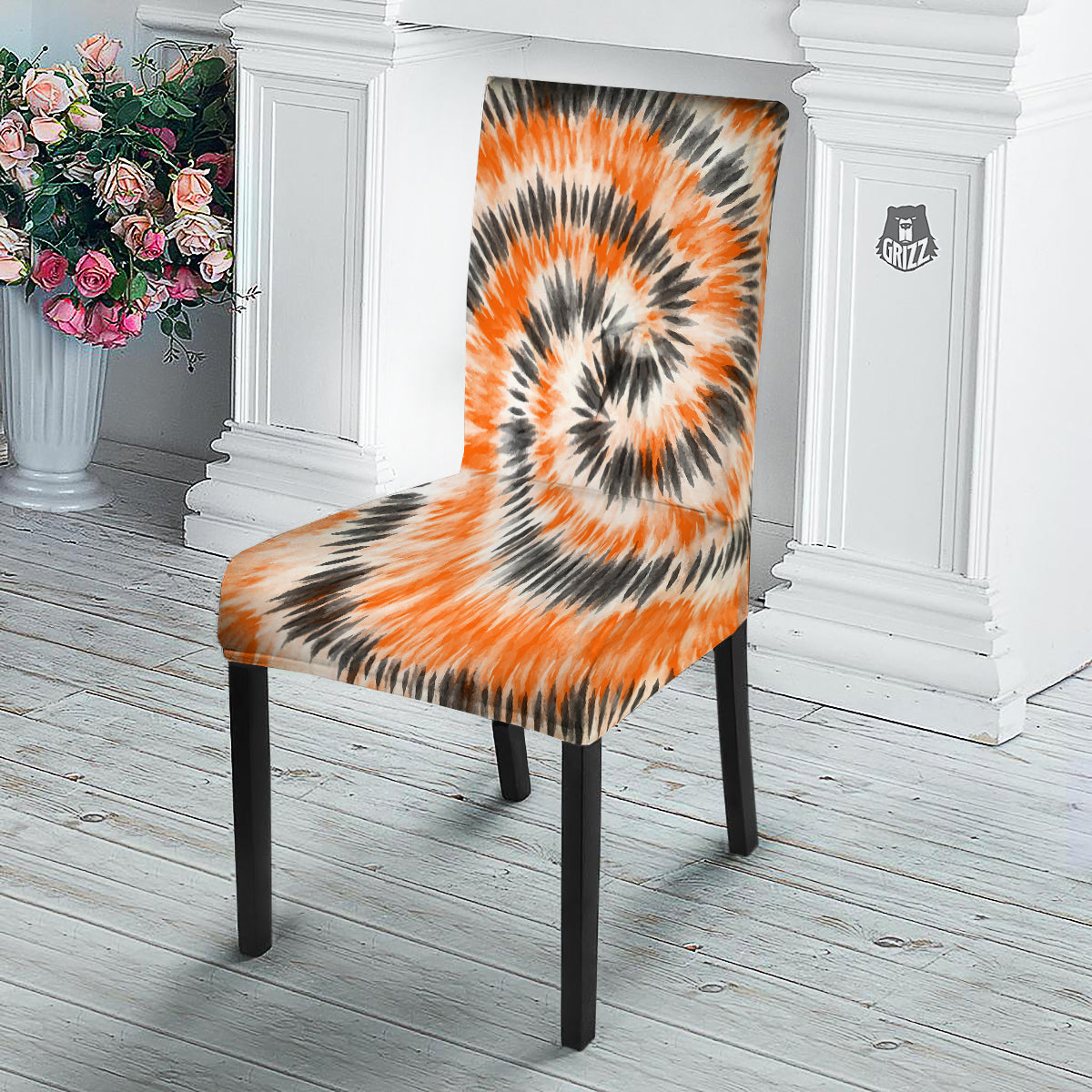 Tie Dye Orange Black Watercolor Print Dining Chair Slipcover-grizzshop