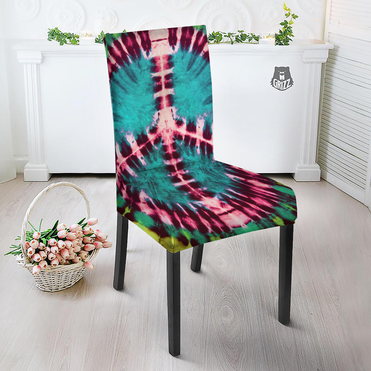 Tie Dye Peace Sign Print Dining Chair Slipcover-grizzshop