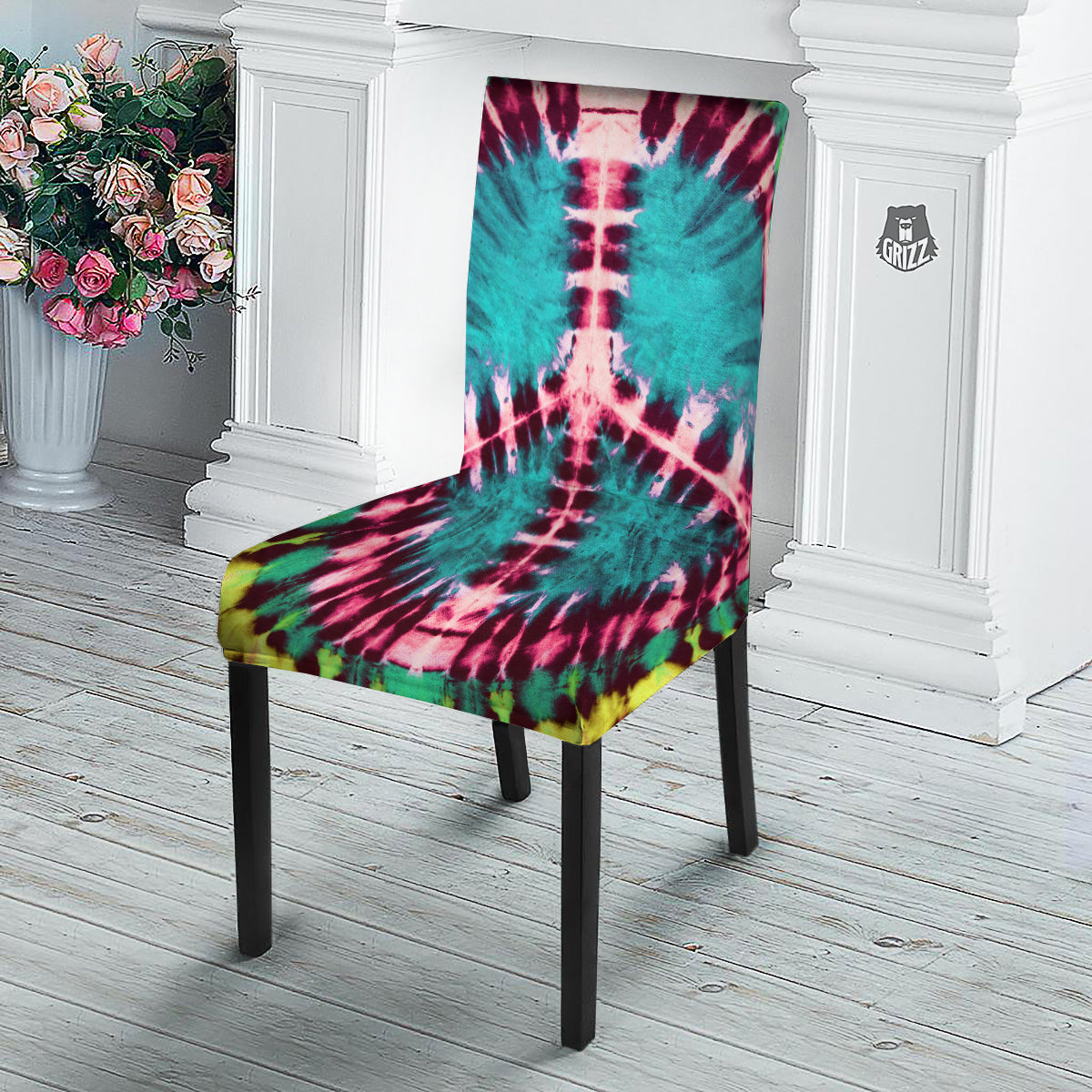 Tie Dye Peace Sign Print Dining Chair Slipcover-grizzshop