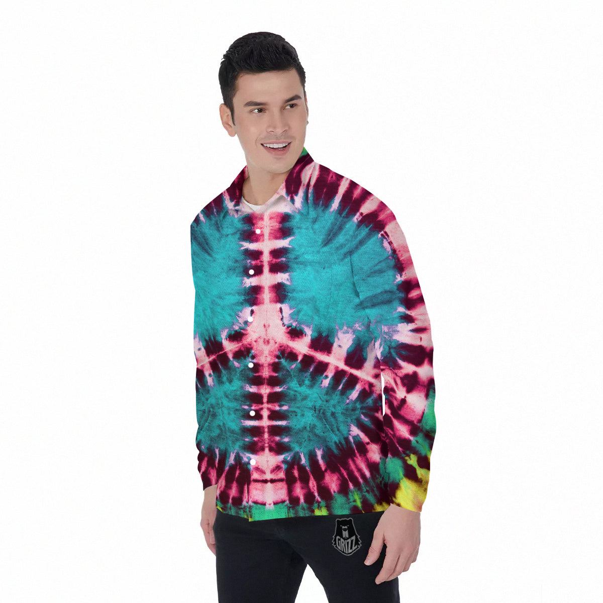 Tie Dye Peace Sign Print Men's Long Sleeve Shirts-grizzshop