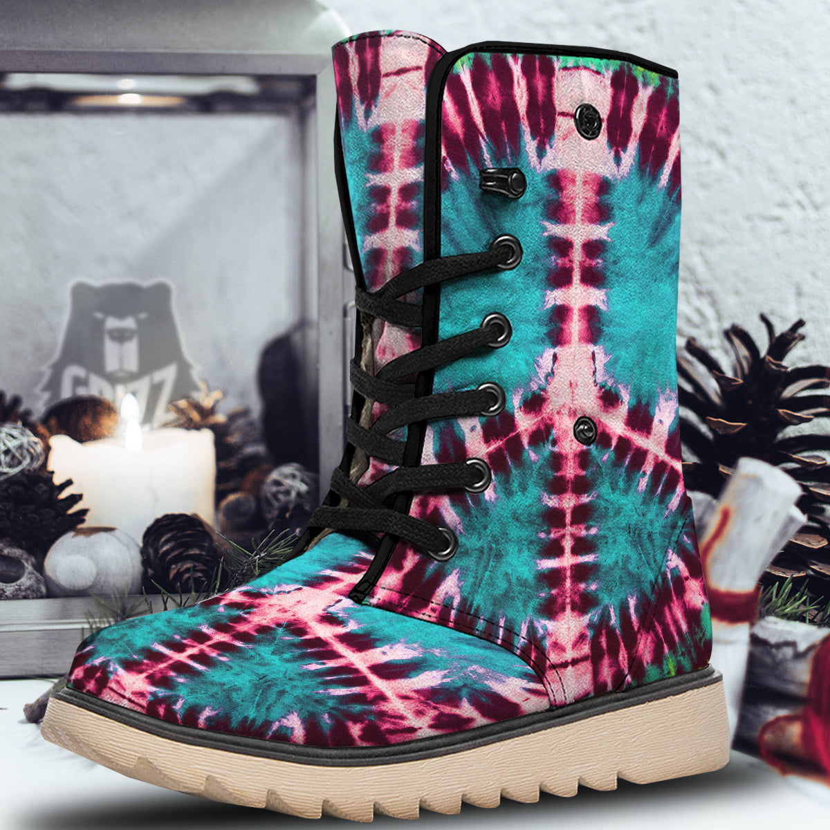 Tie Dye Peace Sign Print Snow Boots-grizzshop