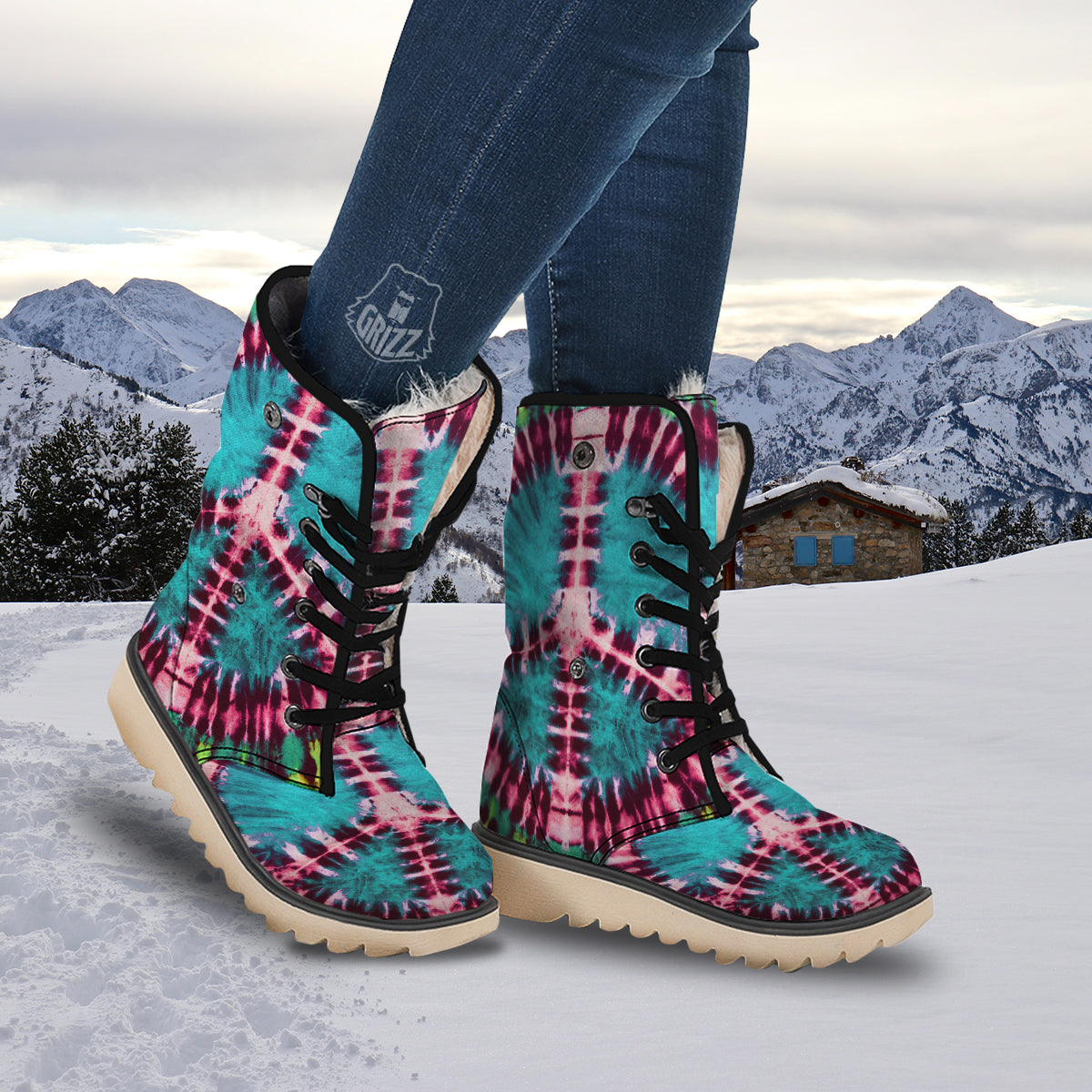 Tie Dye Peace Sign Print Snow Boots-grizzshop