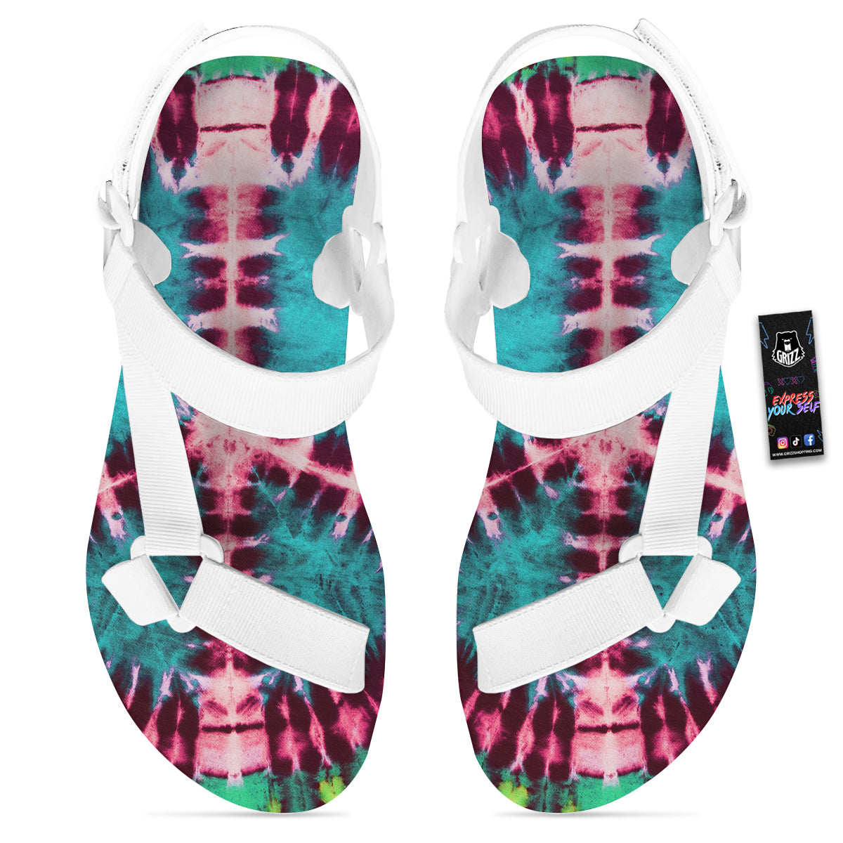 Tie Dye Peace Sign Print White Open Toe Sandals-grizzshop