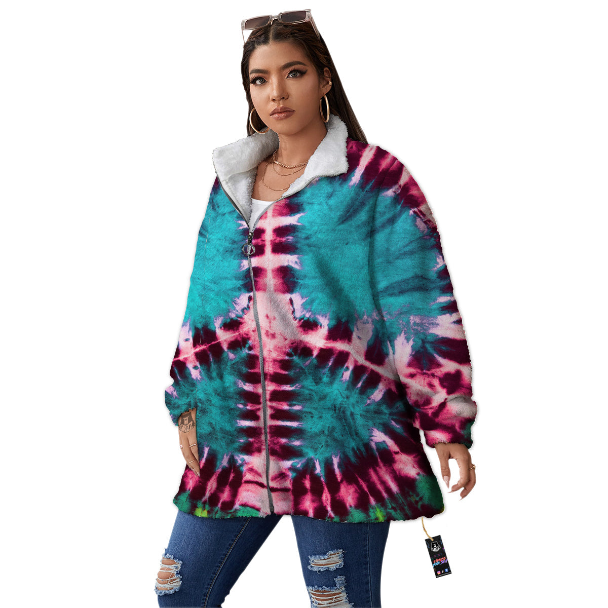 Tie Dye Peace Sign Print Women's Sherpa Jacket-grizzshop