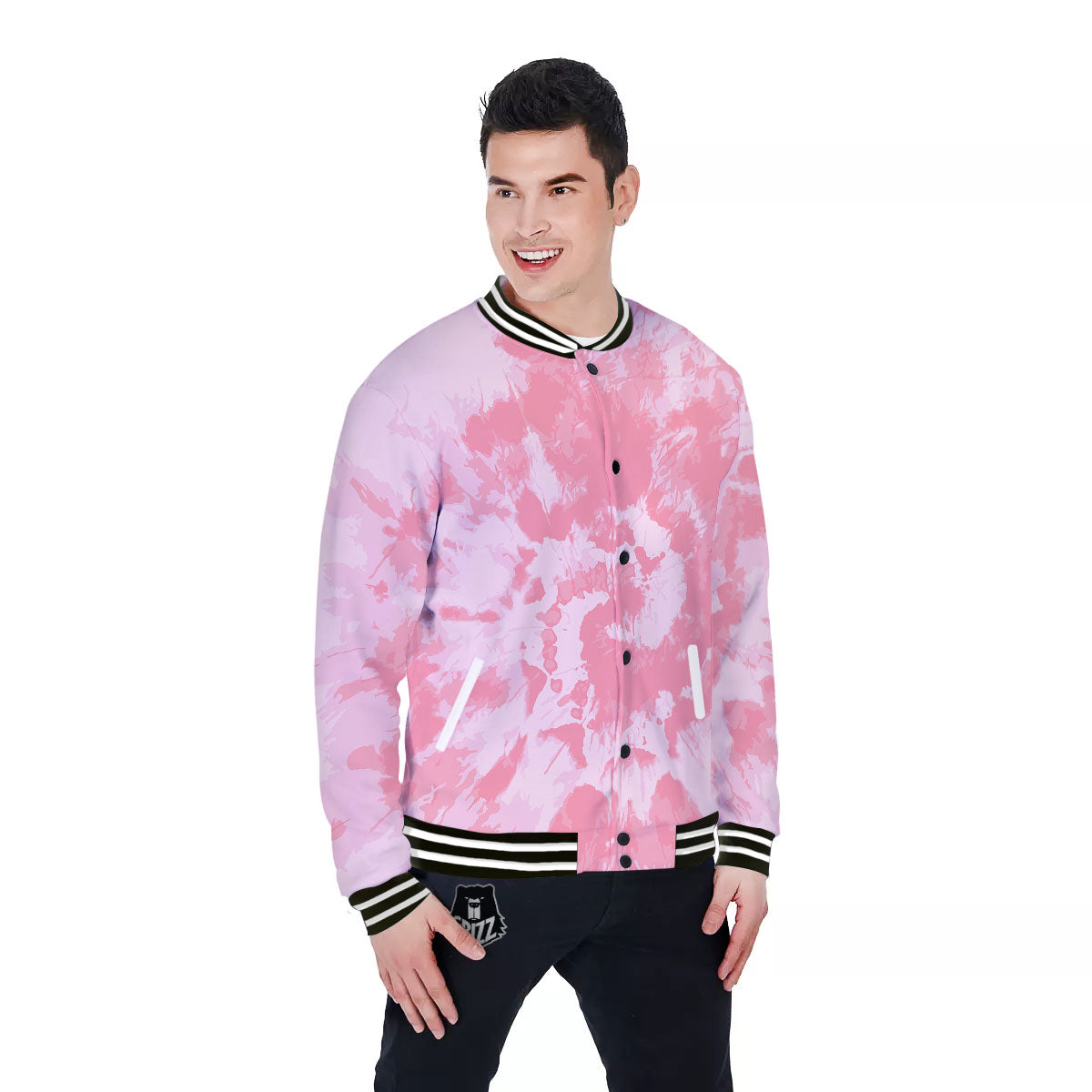 Tie Dye Pink Shibori Print Baseball Jacket-grizzshop