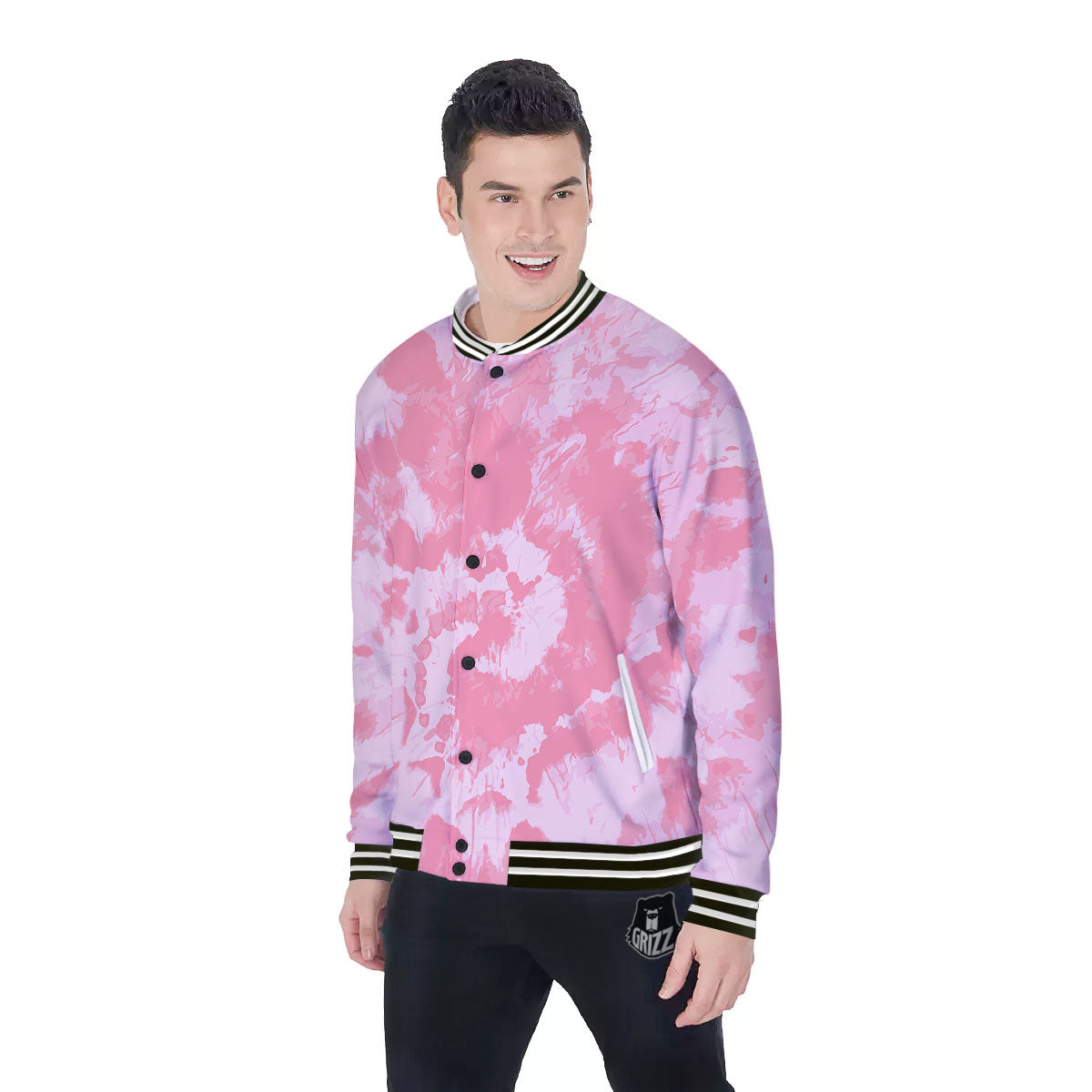 Tie Dye Pink Shibori Print Baseball Jacket-grizzshop