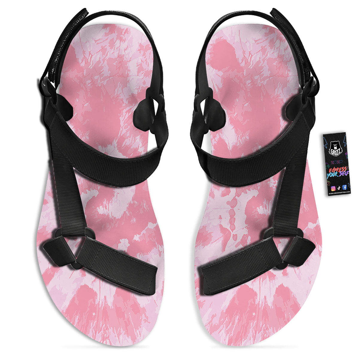 Tie Dye Pink Shibori Print Black Open Toe Sandals-grizzshop