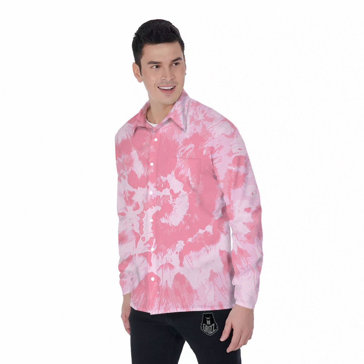 Tie Dye Pink Shibori Print Men's Long Sleeve Shirts-grizzshop