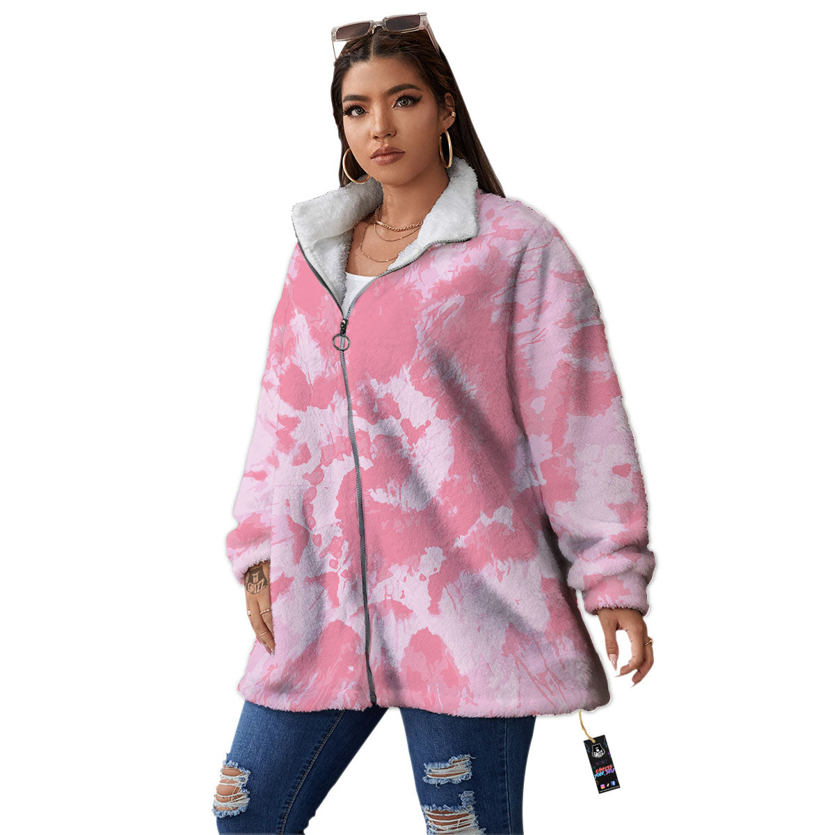 Tie Dye Pink Shibori Print Women's Sherpa Jacket-grizzshop