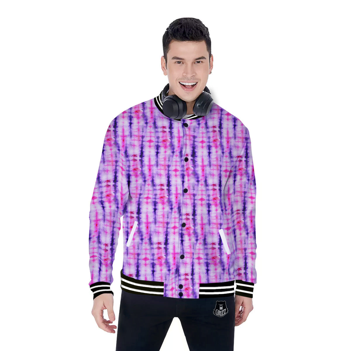 Tie Dye Purple Pink Print Pattern Baseball Jacket-grizzshop
