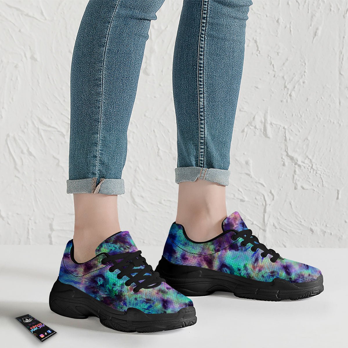 Tie Dye Rainbow And Black Print Black Chunky Shoes-grizzshop