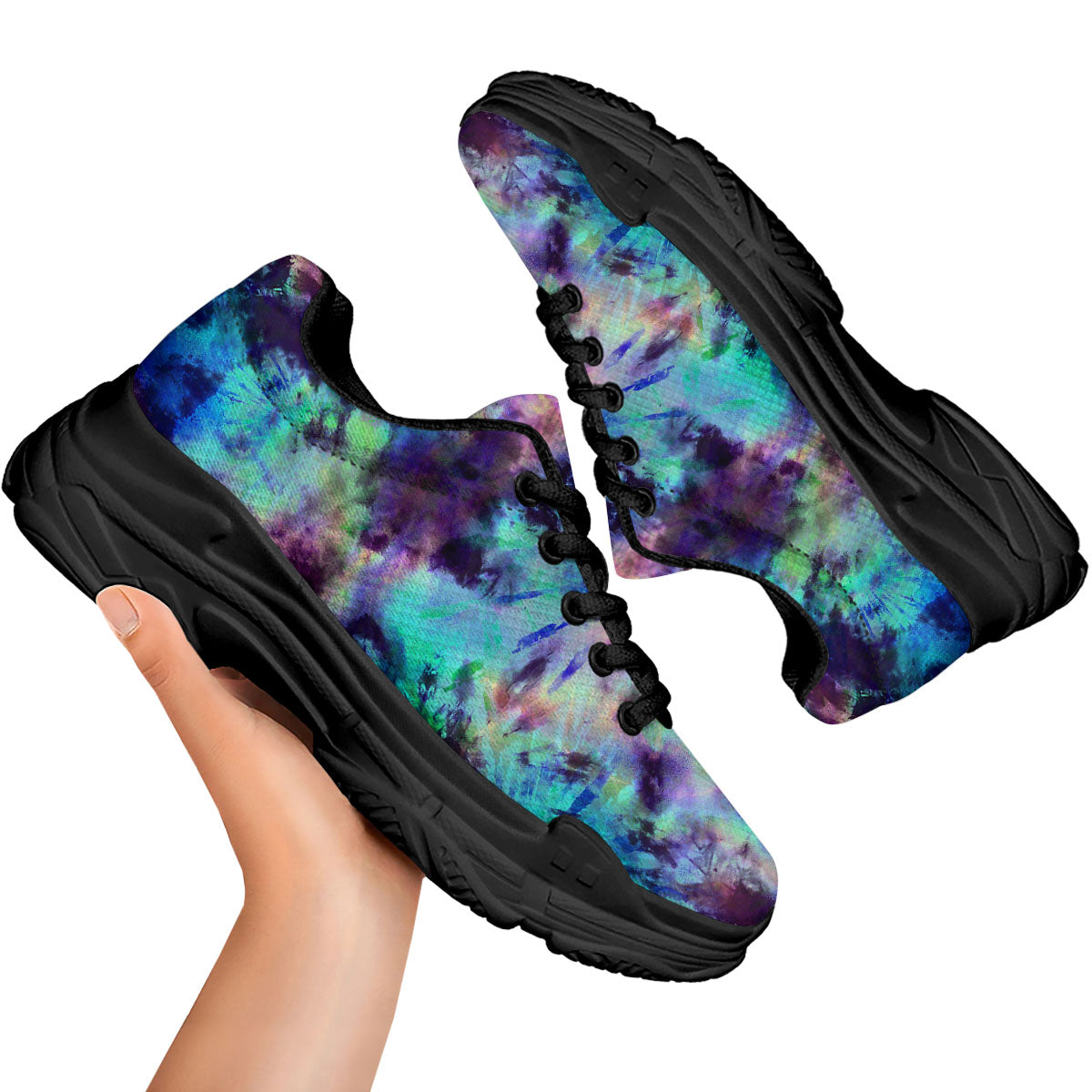 Tie Dye Rainbow And Black Print Black Chunky Shoes-grizzshop