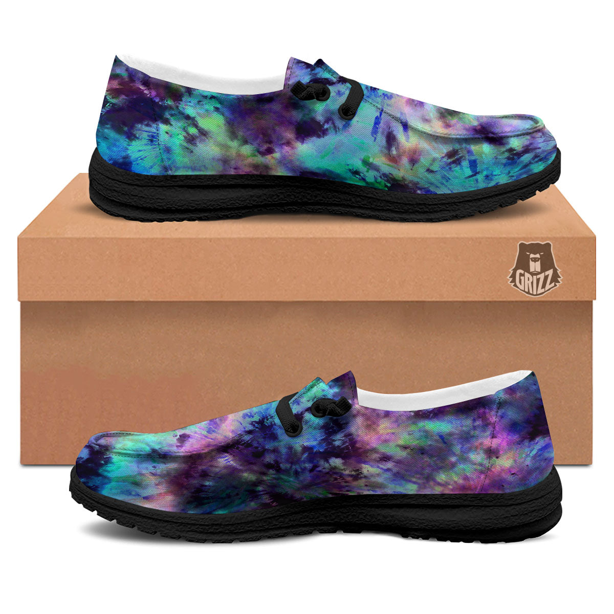 Tie Dye Rainbow And Black Print Black Loafers-grizzshop