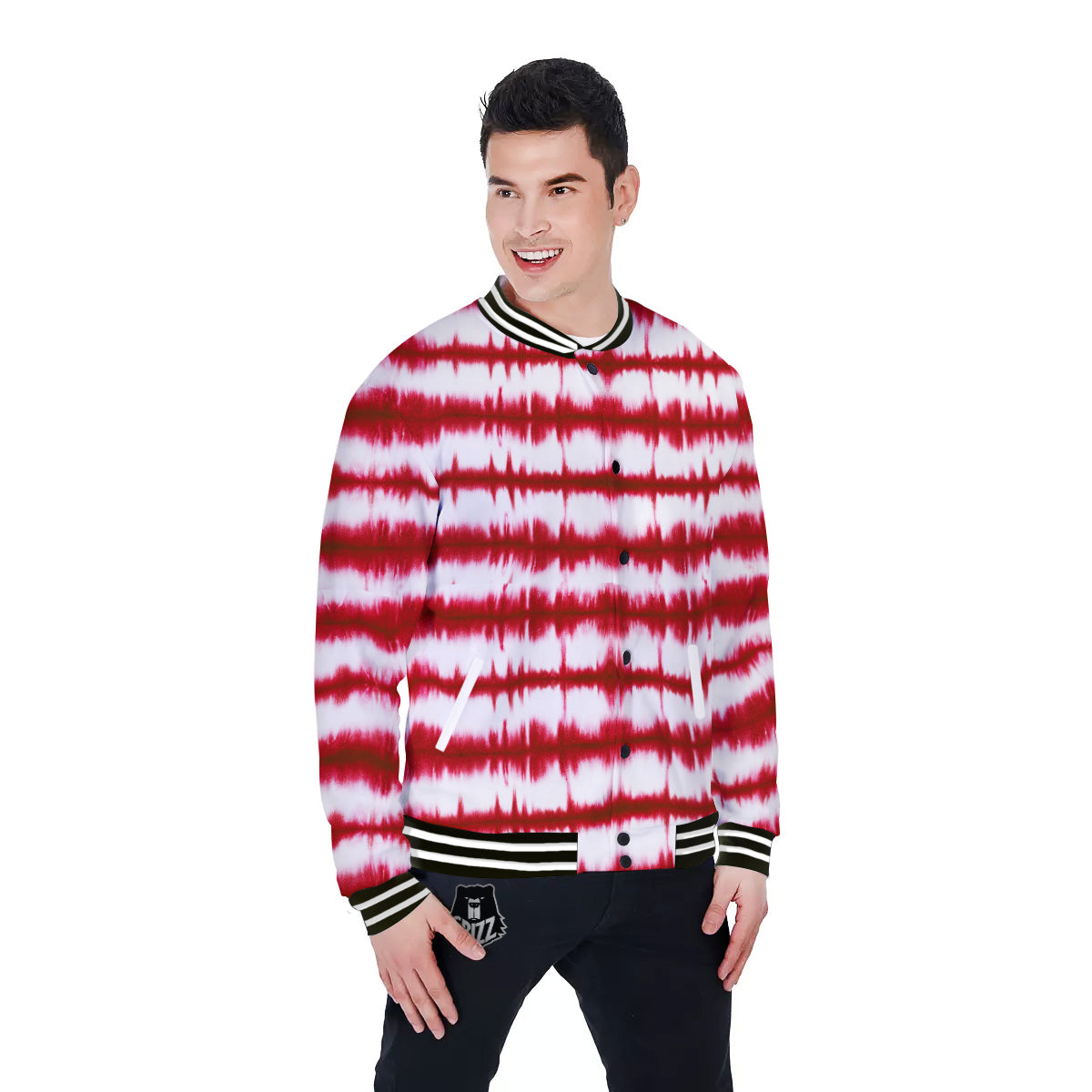 Tie Dye Red Stripe Print Pattern Baseball Jacket-grizzshop