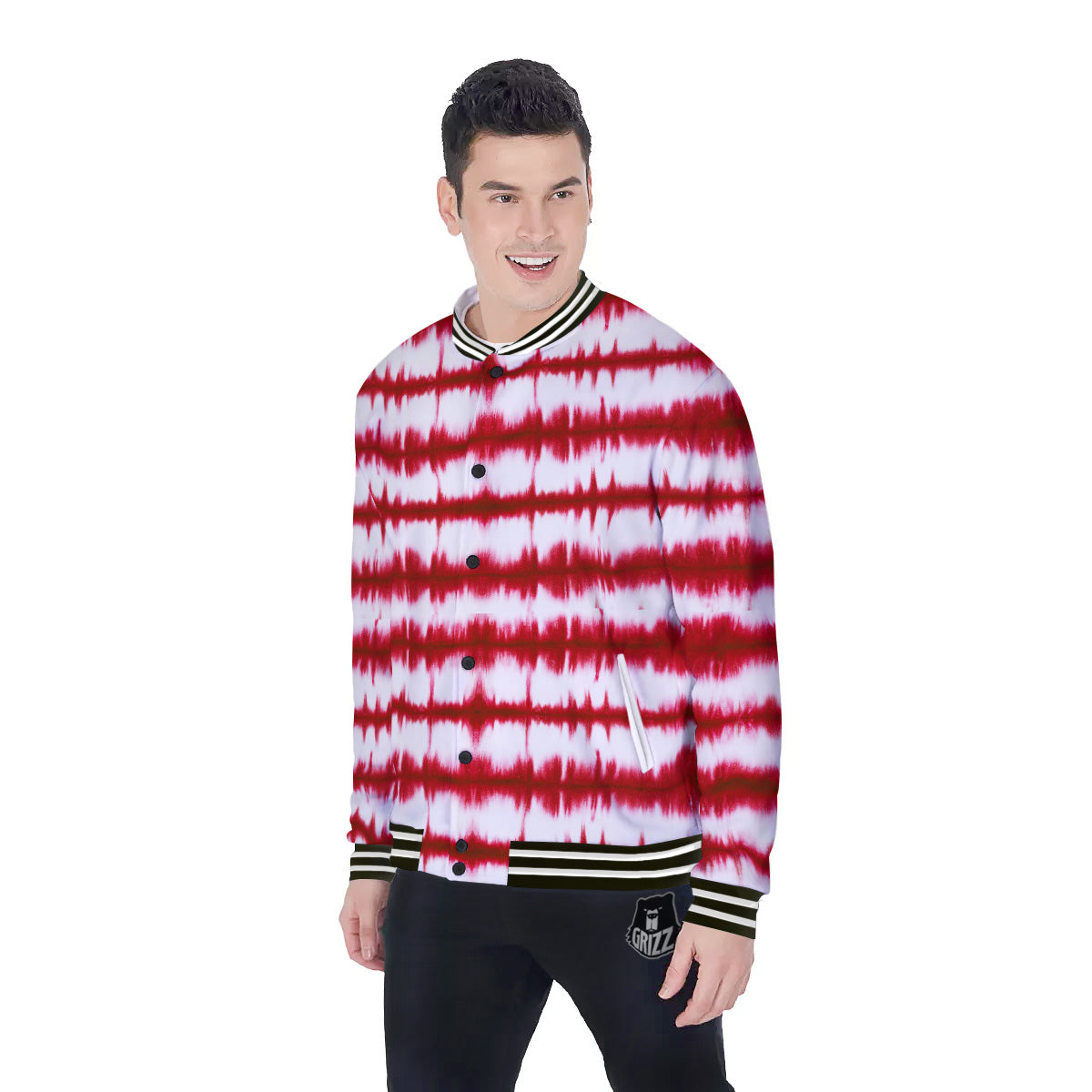 Tie Dye Red Stripe Print Pattern Baseball Jacket-grizzshop