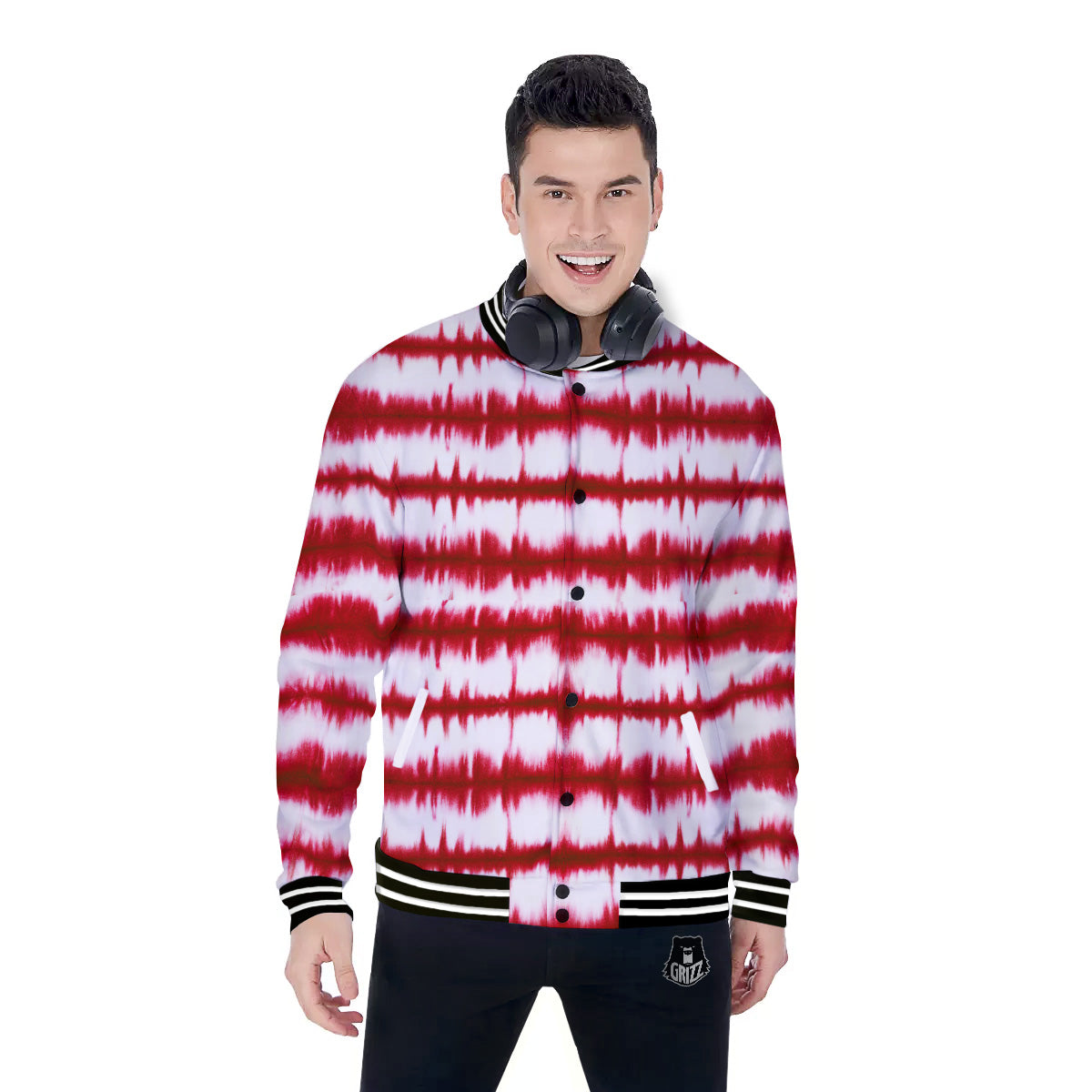 Tie Dye Red Stripe Print Pattern Baseball Jacket-grizzshop