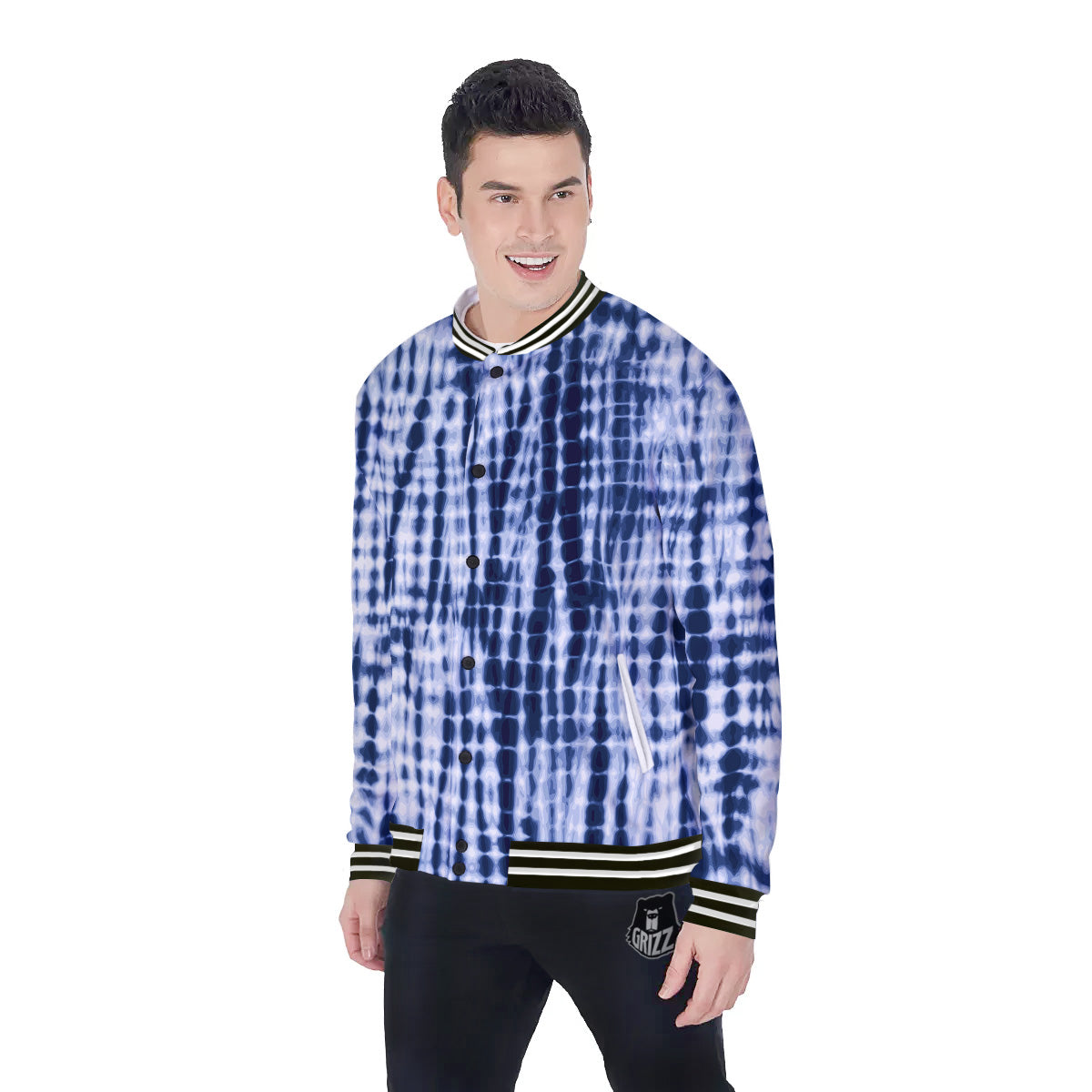 Tie Dye Shibori Blue Print Baseball Jacket-grizzshop