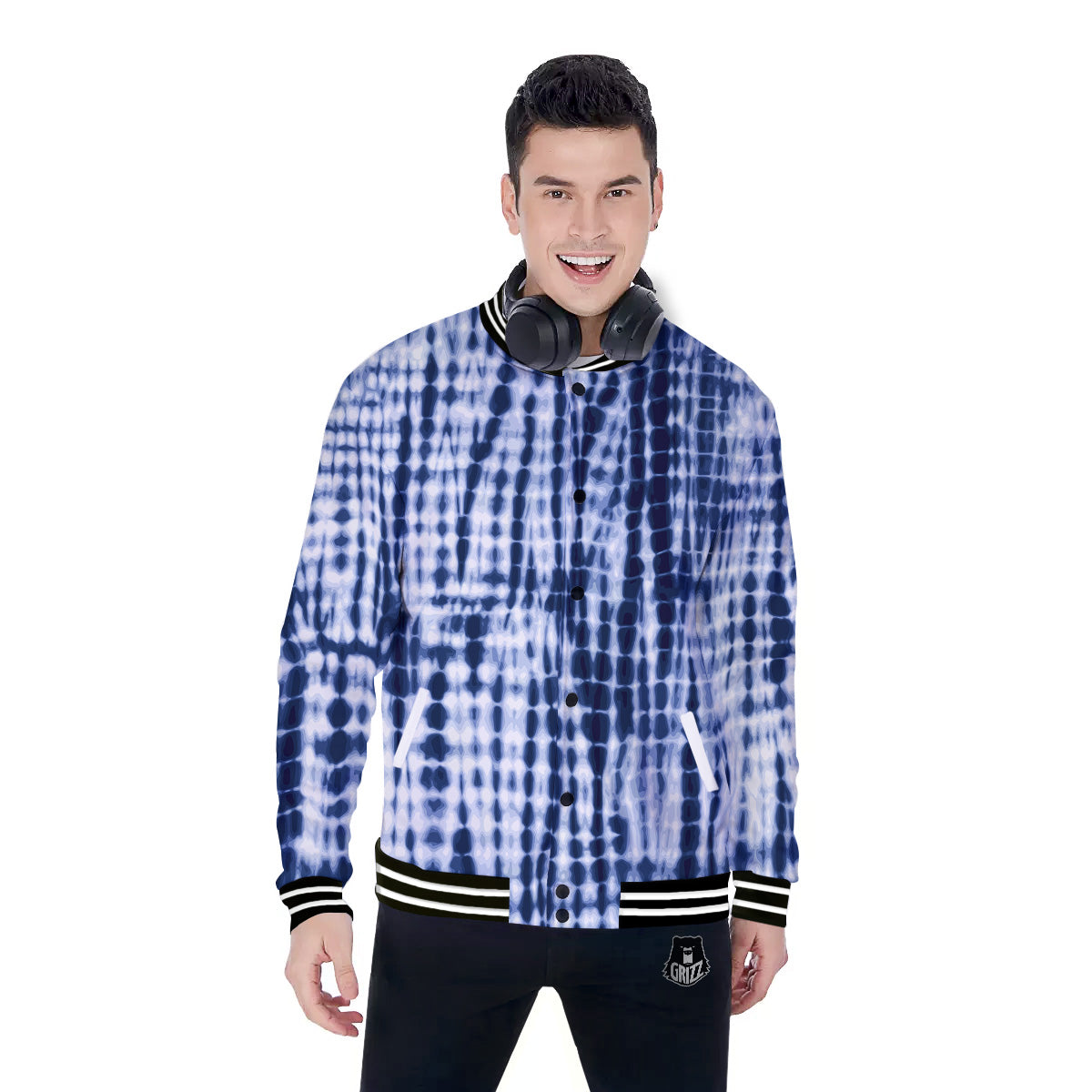 Tie Dye Shibori Blue Print Baseball Jacket-grizzshop