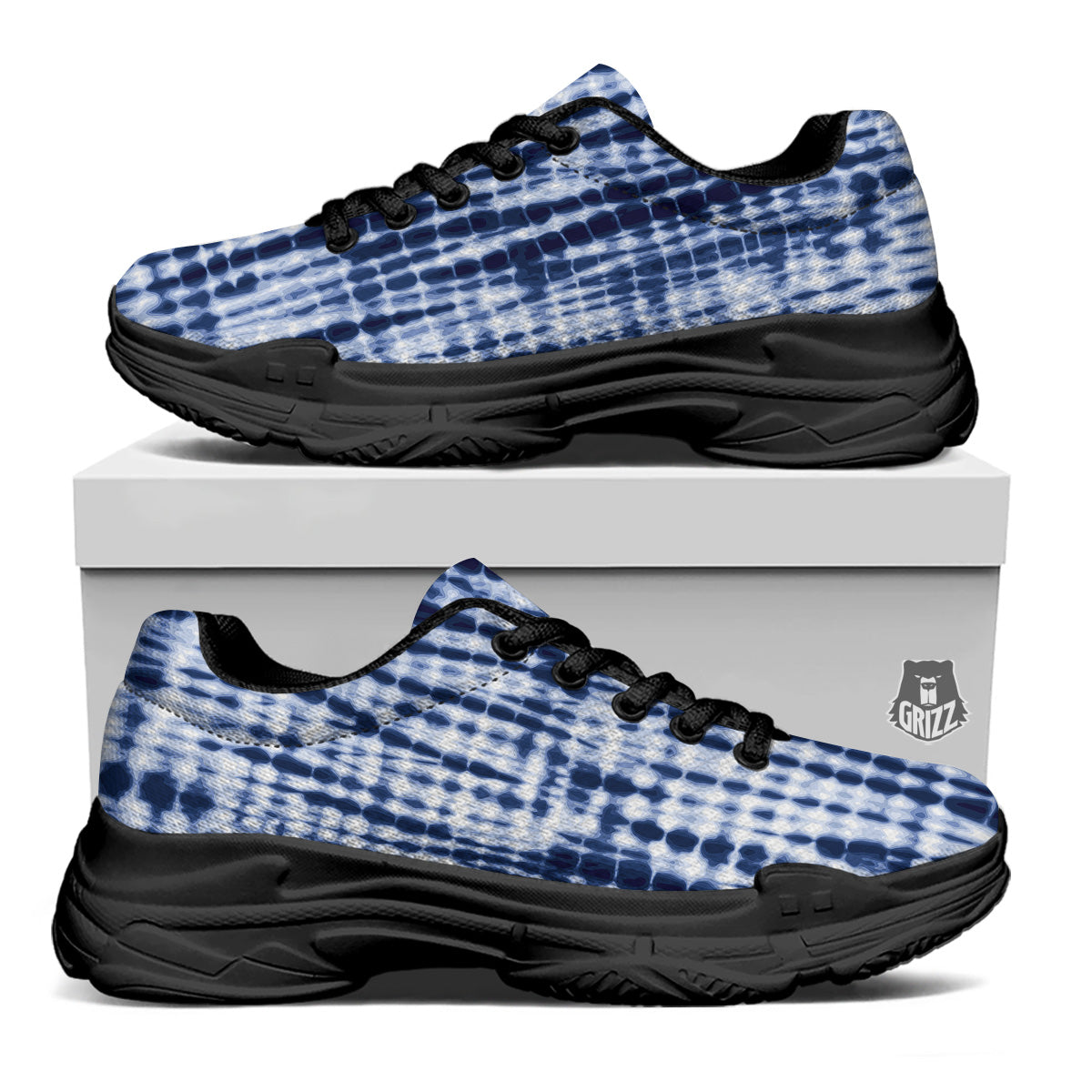 Tie Dye Shibori Blue Print Black Chunky Shoes-grizzshop
