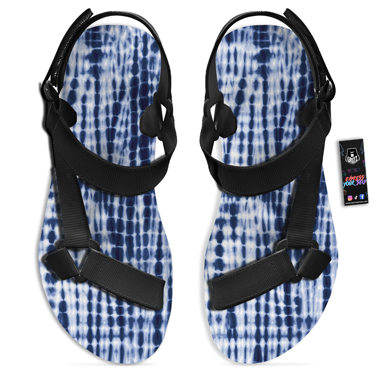 Tie Dye Shibori Blue Print Black Open Toe Sandals-grizzshop