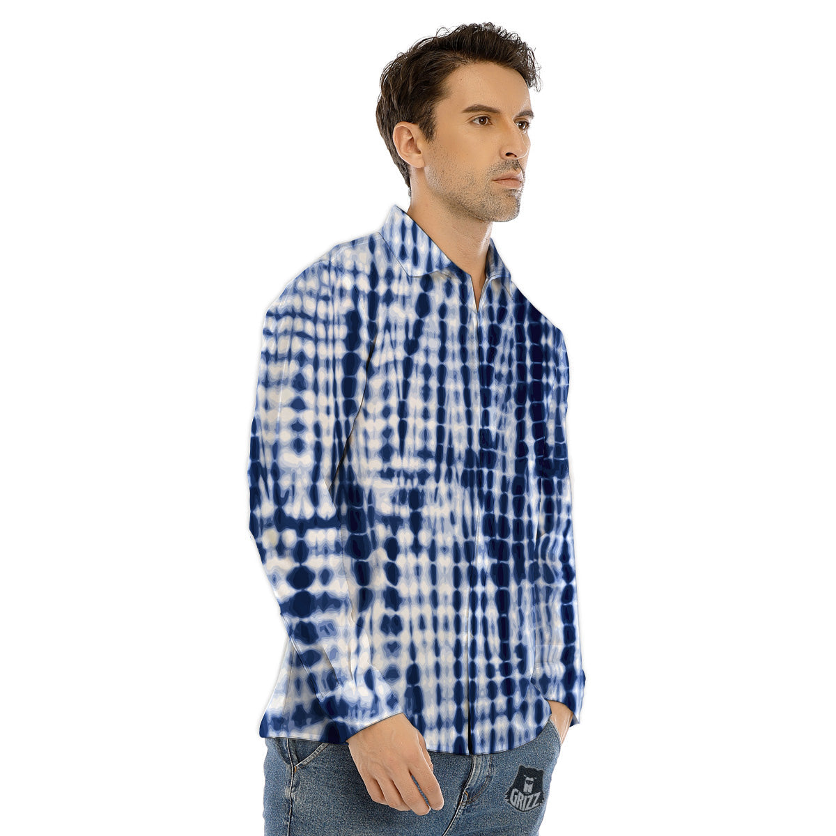 Tie Dye Shibori Blue Print Men's Dress Shirts-grizzshop