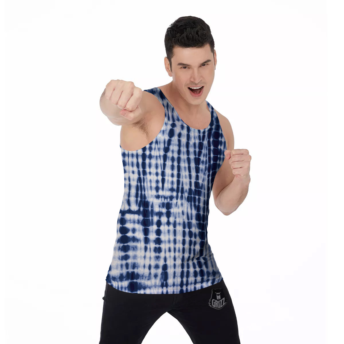 Tie Dye Shibori Blue Print Men's Tank Top-grizzshop