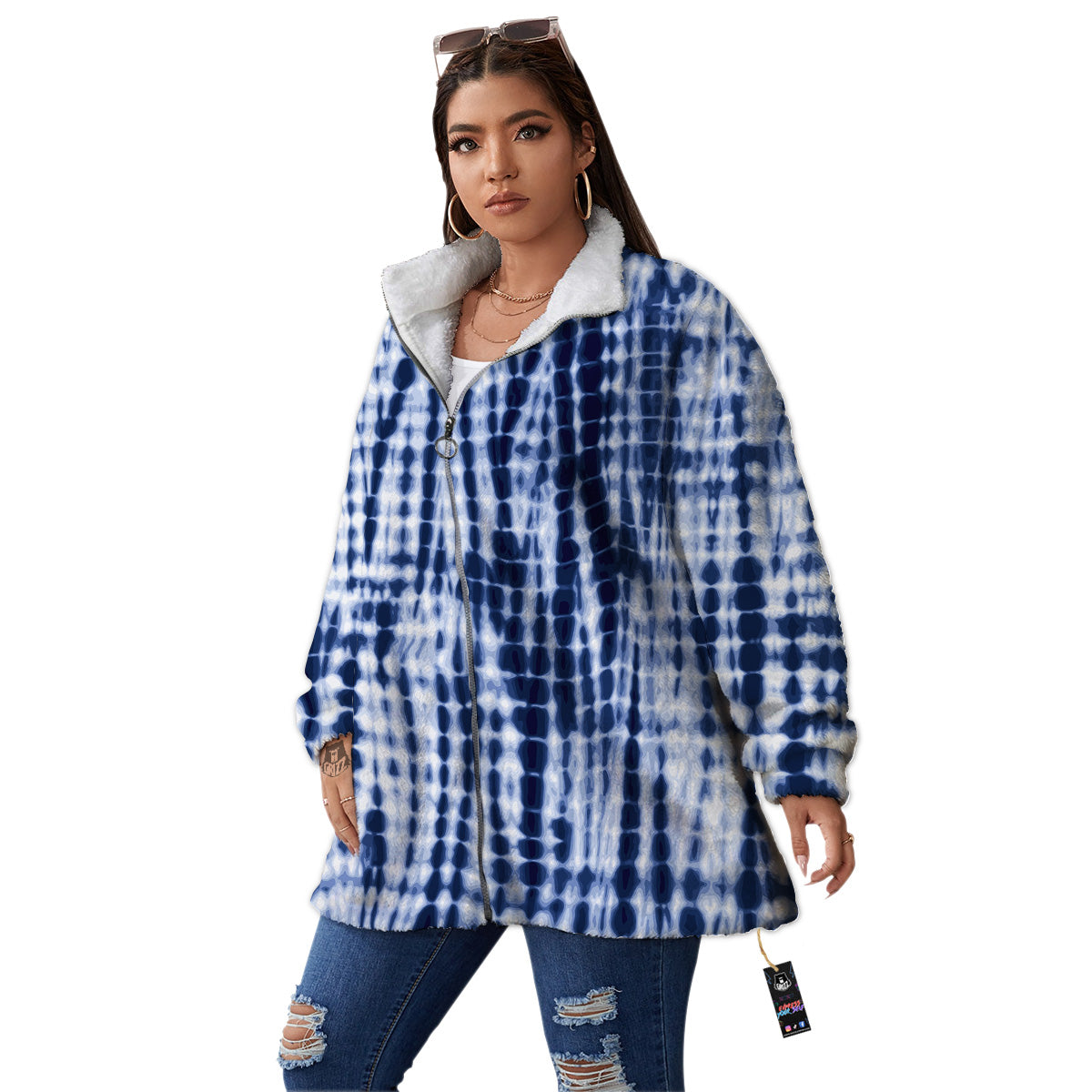 Tie Dye Shibori Blue Print Women's Sherpa Jacket-grizzshop