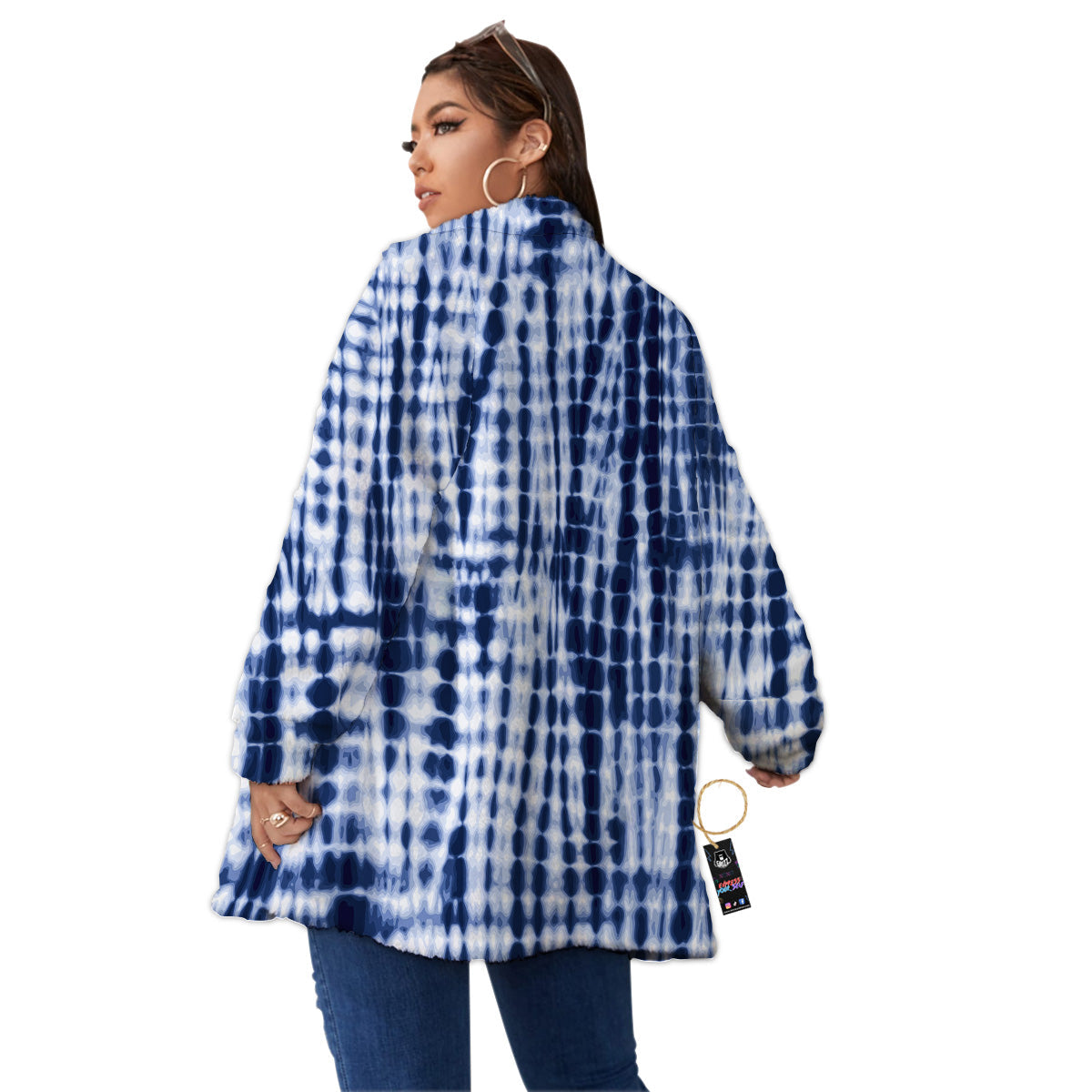 Tie Dye Shibori Blue Print Women's Sherpa Jacket-grizzshop