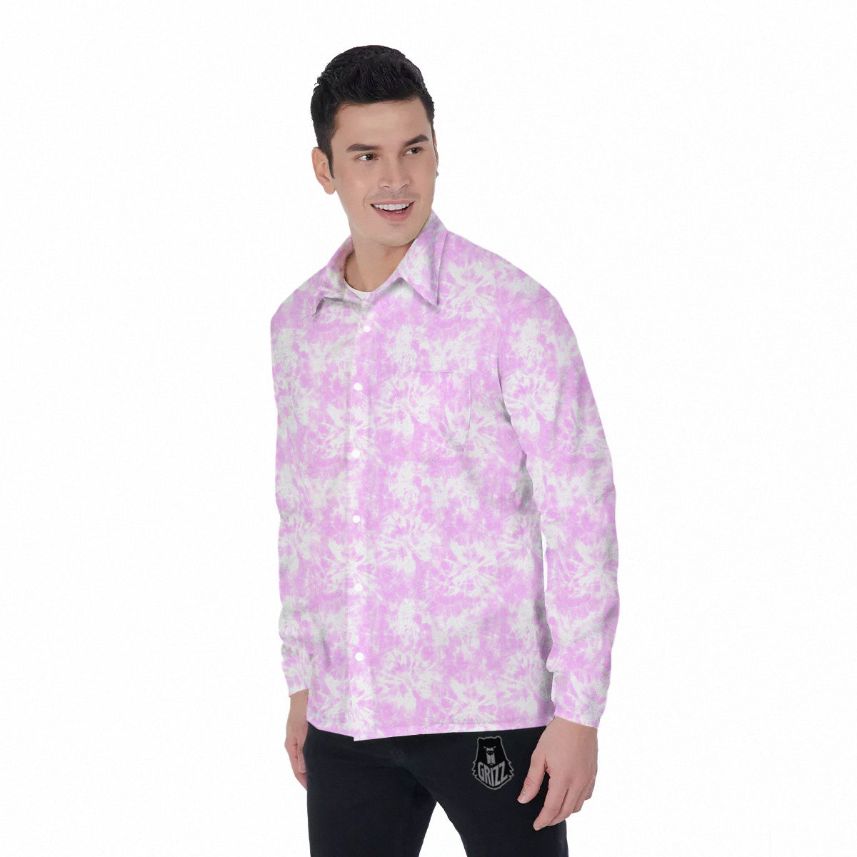 Tie Dye Shibori Pink Print Pattern Men's Long Sleeve Shirts-grizzshop