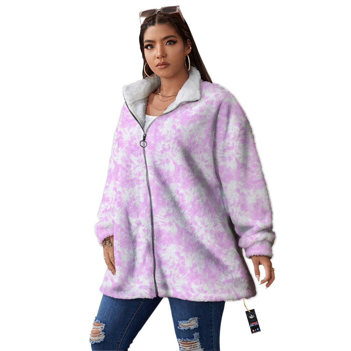 Tie Dye Shibori Pink Print Pattern Women's Sherpa Jacket-grizzshop