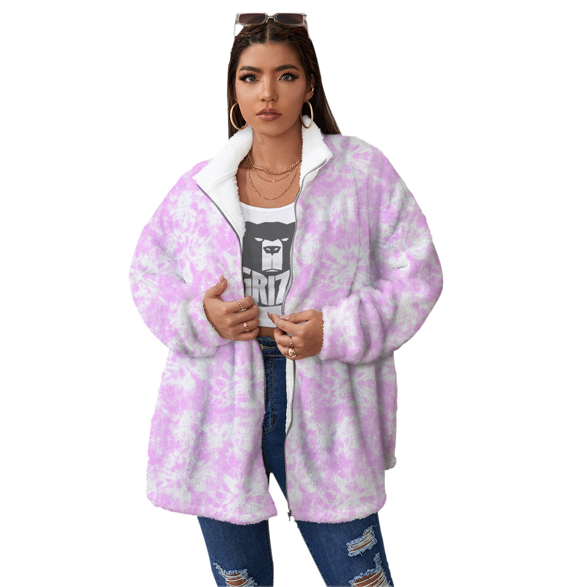 Tie Dye Shibori Pink Print Pattern Women's Sherpa Jacket-grizzshop