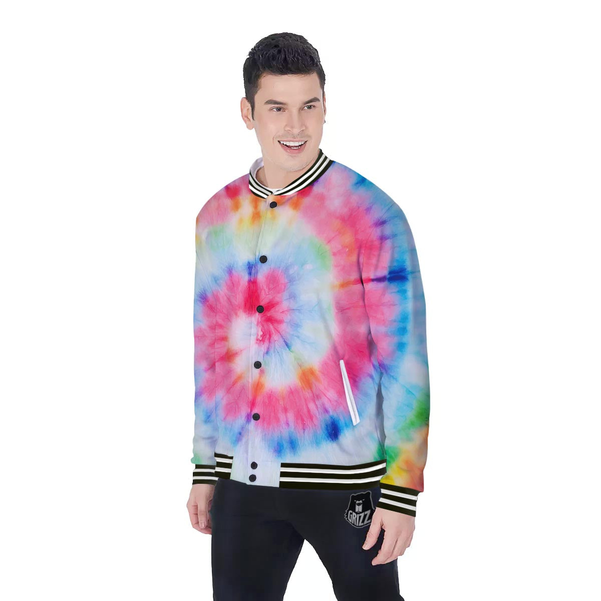 Tie Dye Swirl Print Baseball Jacket-grizzshop