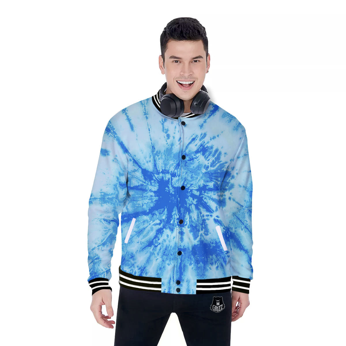 Tie Dye Turquoise Print Baseball Jacket-grizzshop