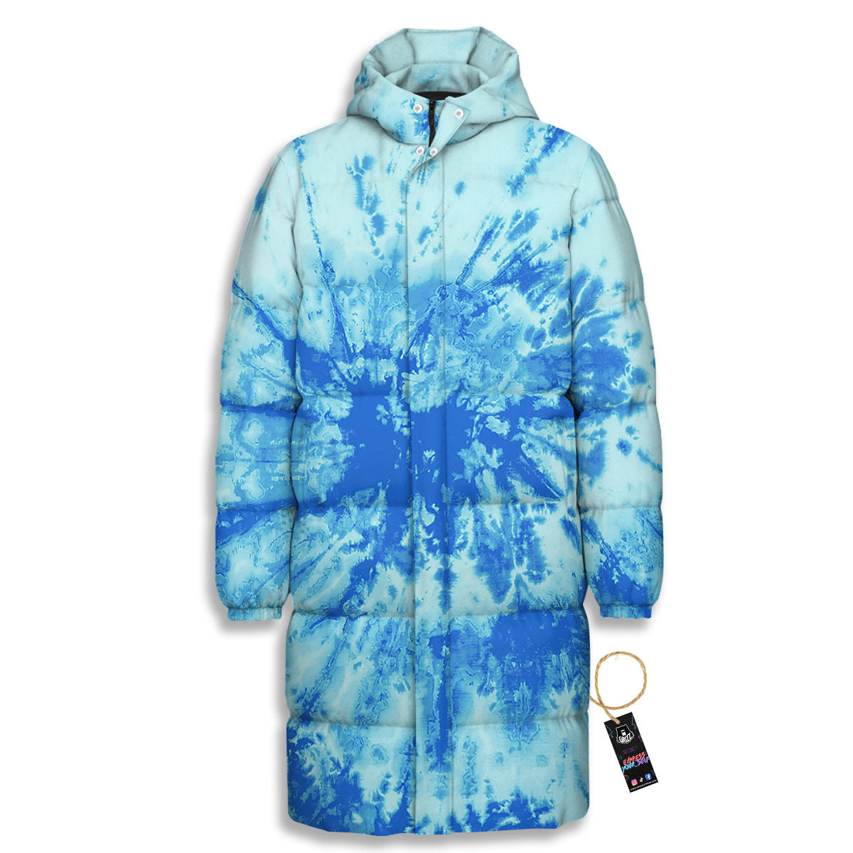 Tie Dye Turquoise Print Long Down Jacket-grizzshop