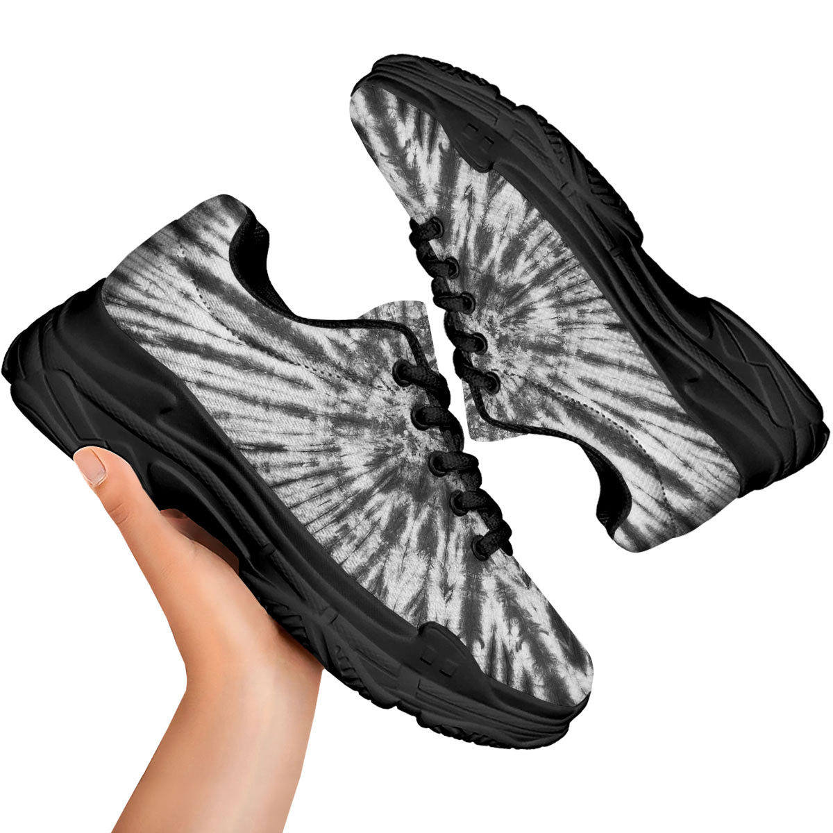 Tie Dye White And Black Print Black Chunky Shoes-grizzshop