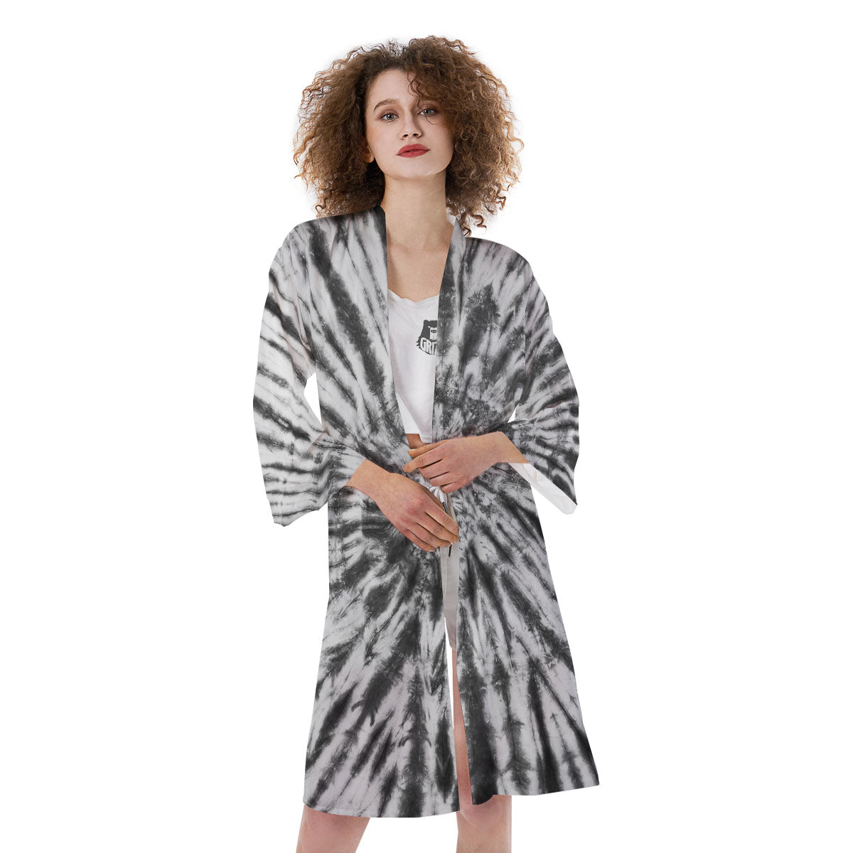 Tie Dye White And Black Print Kimono-grizzshop