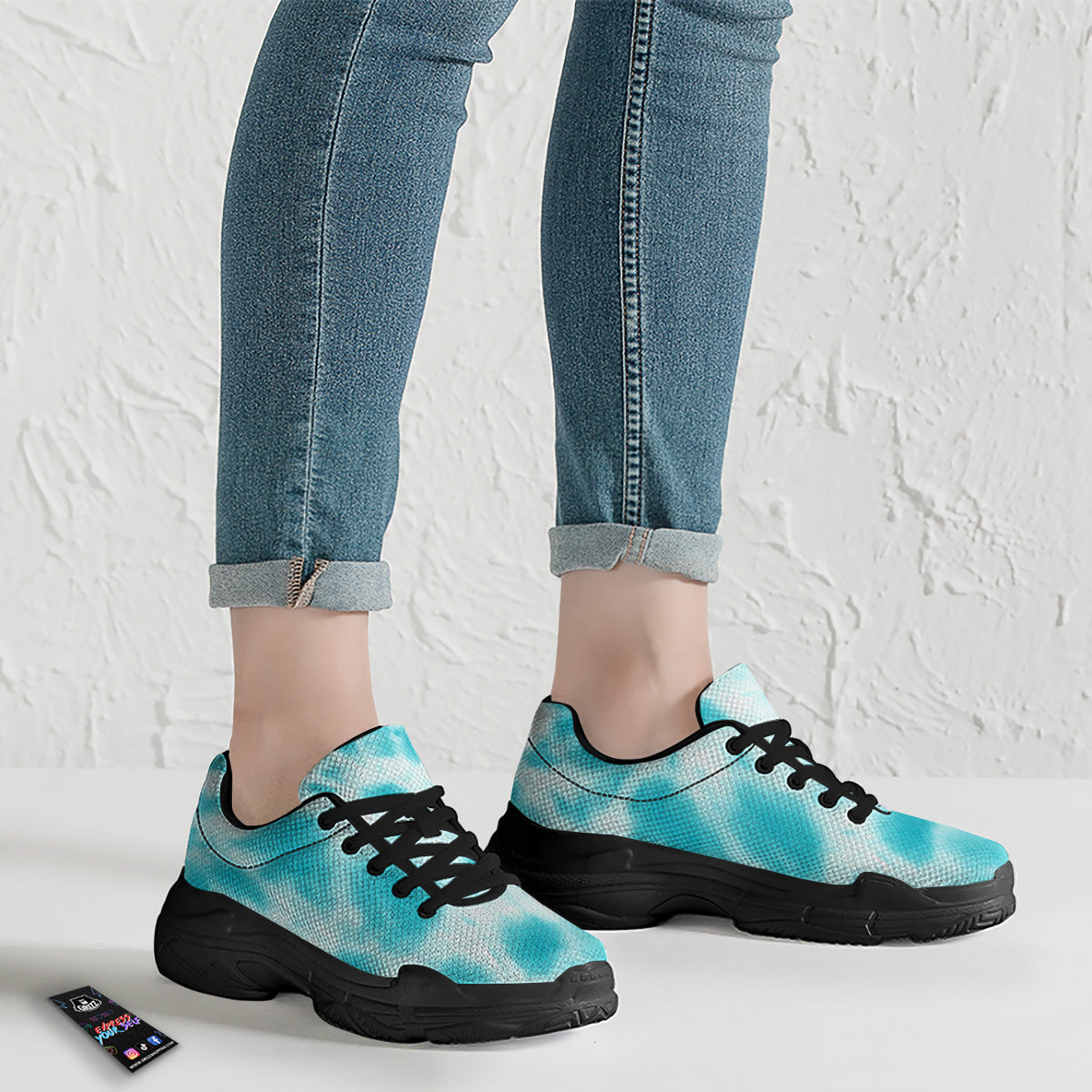 Tie Dye White And Blue Print Black Chunky Shoes-grizzshop