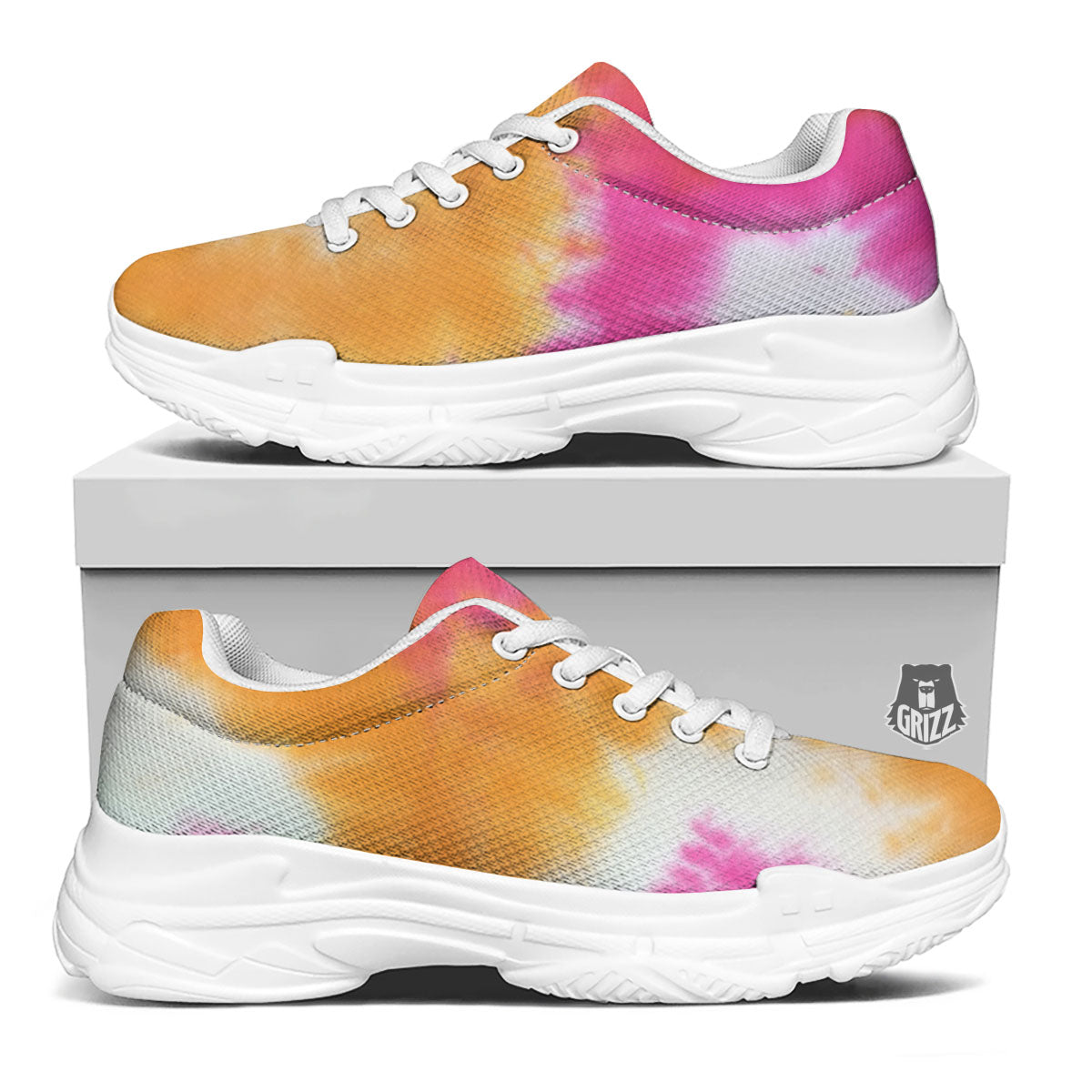Tie Dye Yellow And Pink Print White Chunky Shoes-grizzshop