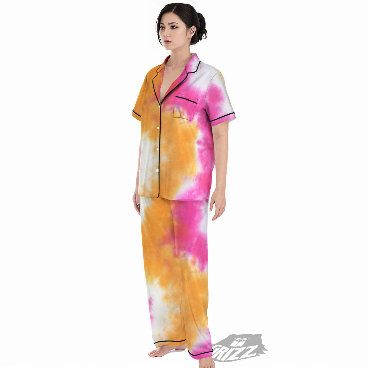 Tie Dye Yellow And Pink Print Women's Pajamas Set-grizzshop