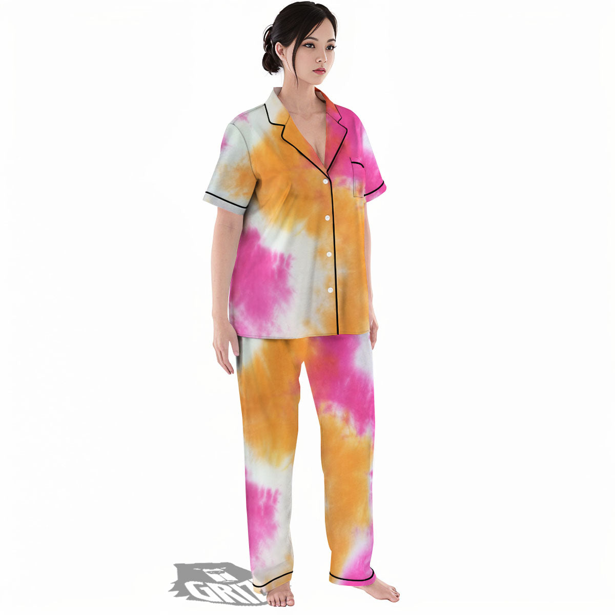Tie Dye Yellow And Pink Print Women's Pajamas Set-grizzshop