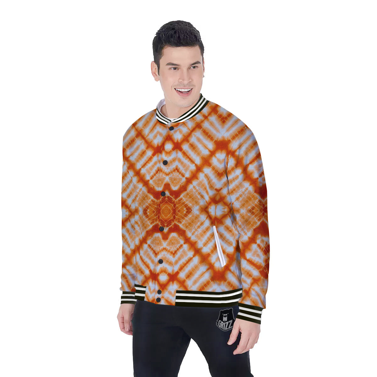 Tie Dye Zigzag Orange Watercolor Print Baseball Jacket-grizzshop