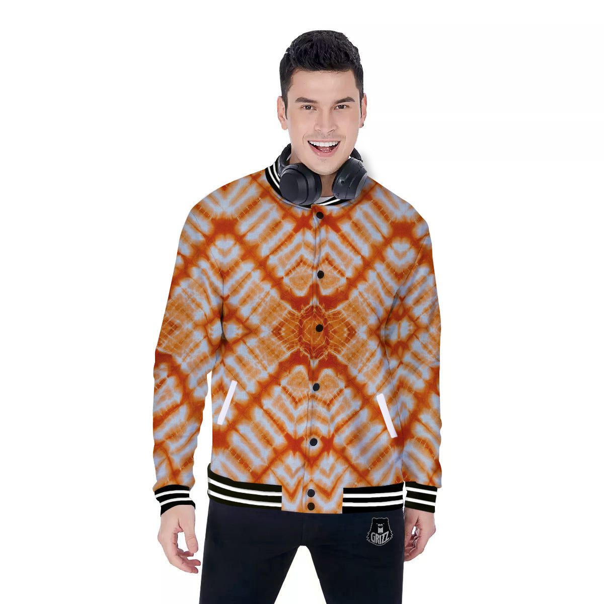 Tie Dye Zigzag Orange Watercolor Print Baseball Jacket-grizzshop