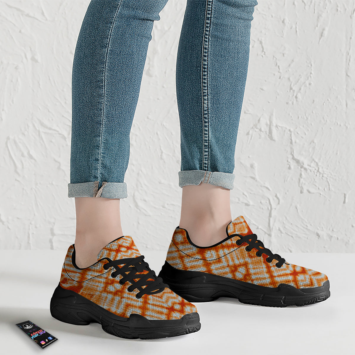 Tie Dye Zigzag Orange Watercolor Print Black Chunky Shoes-grizzshop