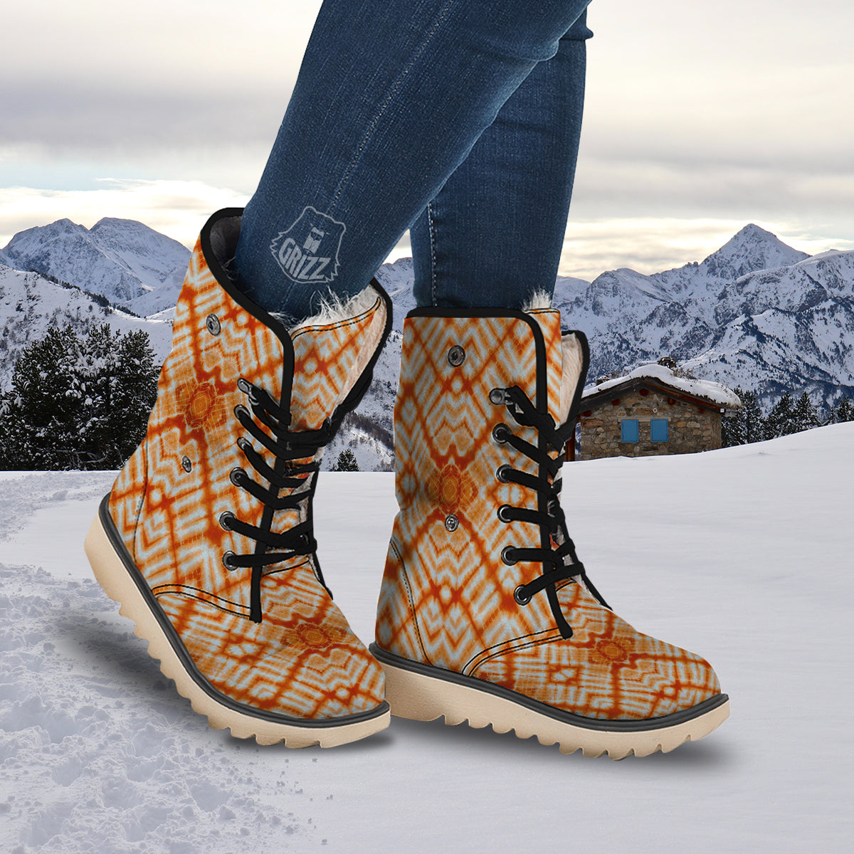 Tie Dye Zigzag Orange Watercolor Print Snow Boots-grizzshop