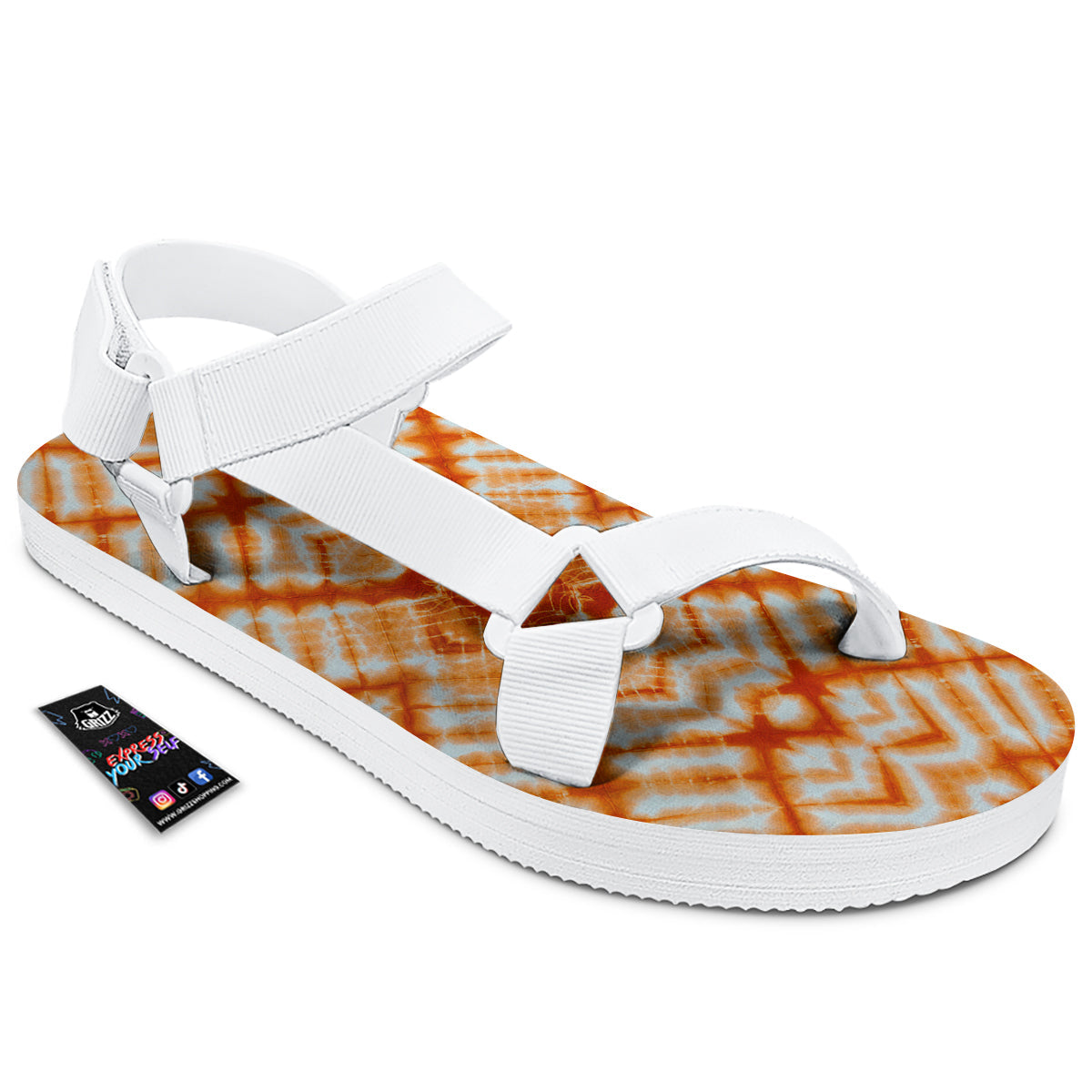 Tie Dye Zigzag Orange Watercolor Print White Open Toe Sandals-grizzshop