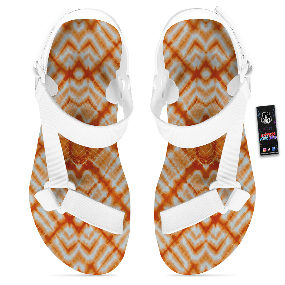 Tie Dye Zigzag Orange Watercolor Print White Open Toe Sandals-grizzshop